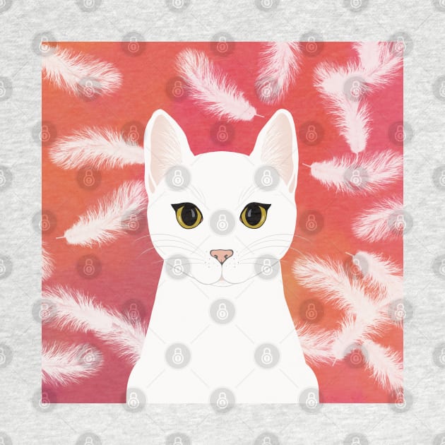 The cute white cat queen is watching you , white feathers on the colorful  background by marina63